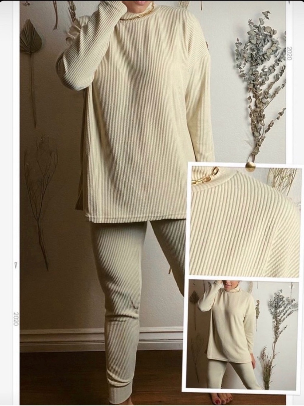 Women's Ribbed Cowl-Neck Sweater Top and Pant Set in Cream
